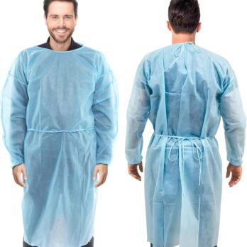 Batas desechables-AMZ Medical Supply Batas desechables azules, extra grande. Paquete de 5 vestidos de PPE, 45 pulgadas de largo. Vestidos de aislamiento desechables de polipropileno de 1.71 oz/m².