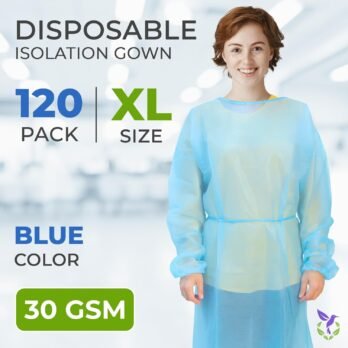 Batas desechables-AMZ Medical Supply Batas desechables azules, extra grande. Paquete de 5 vestidos de PPE, 45 pulgadas de largo. Vestidos de aislamiento desechables de polipropileno de 1.71 oz/m².