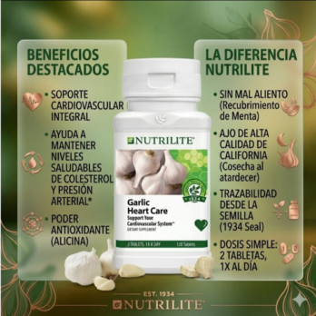 Vitamina con ajo concentrado, El Ajo Concentrado Nutrilite sirve principalmente para apoyar la salud cardiovascular, ayudar a mantener niveles saludables de colesterol y presión sanguínea ya normales, y fortalecer el sistema inmunológico