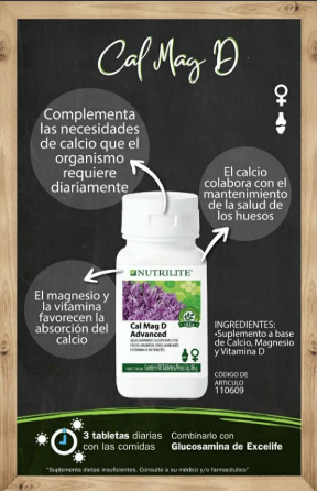 Cal Mag D, Contiene calcio magnesio vitamina D, combina calcio y magnesio de algas naturales con vitamina D para mejorar su absorción. Este trío ayuda a fortalecer los huesos y mantenerlos saludables, brindándole a tu cuerpo los nutrientes esenciales que necesita